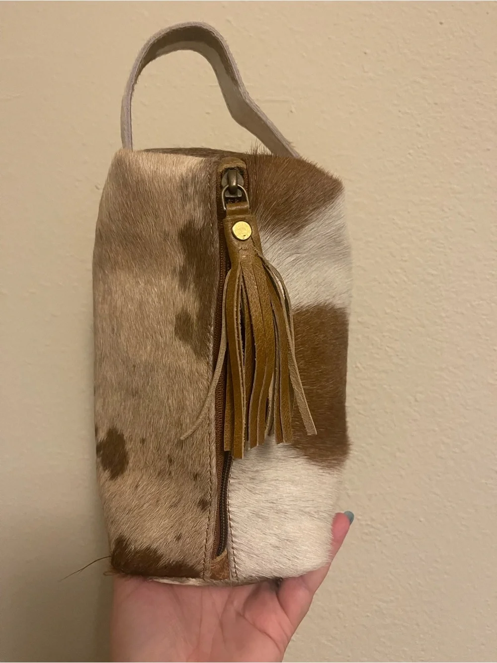 Neutral Cowhide Wristlet Bag with Tassel